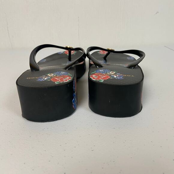 Tory Burch Cut Out Wedge Flip Flop Toe Post Sandals Shoes Black Tea Rose - Picture 5 of 9